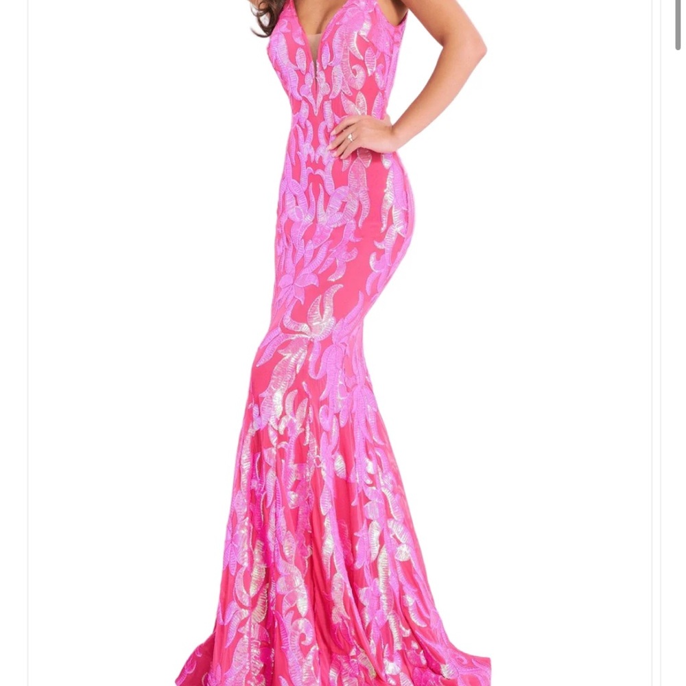 Jovani Vibrant Pink and Silver Prom Dress
